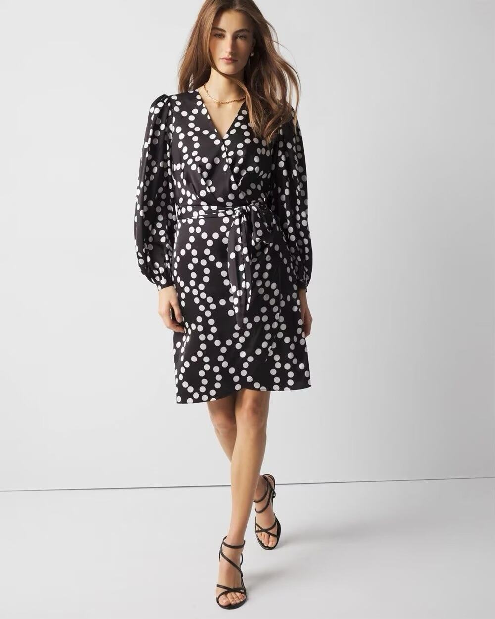 NWT WHBM long Sleeve V Neck Faux Wrap Dress Black Dot 18 Plus New Tags No Belt